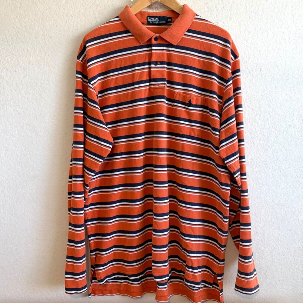 POLO Ralph Lauren Vtg 90s Rugby Orange Blue Striped Long Sleeve Polo Mens XXL